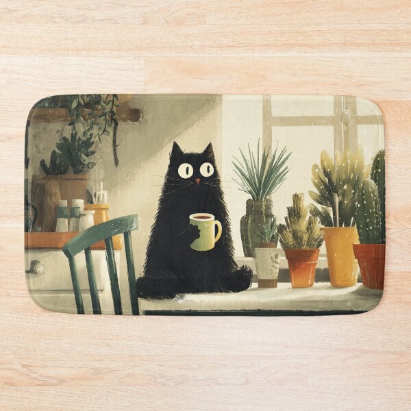 Artikelvorschau, Gemütliche schwarze Katze mit Kaffee entworfen und verkauft von Erika Kaisersot.