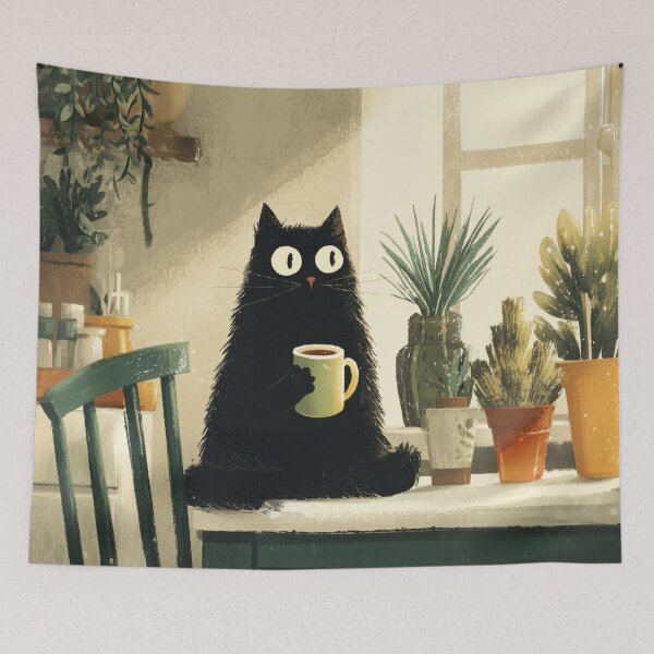 Item preview, Cozy Black Cat with Coffee designed and sold by Erika Kaisersot.