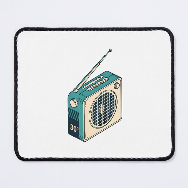Item preview, a blue and beige radio sitting on a wooden desk with a cityscape in the background designed and sold by VerizalShop.