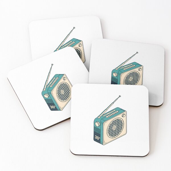 Item preview, a blue and beige radio sitting on a wooden desk with a cityscape in the background designed and sold by VerizalShop.