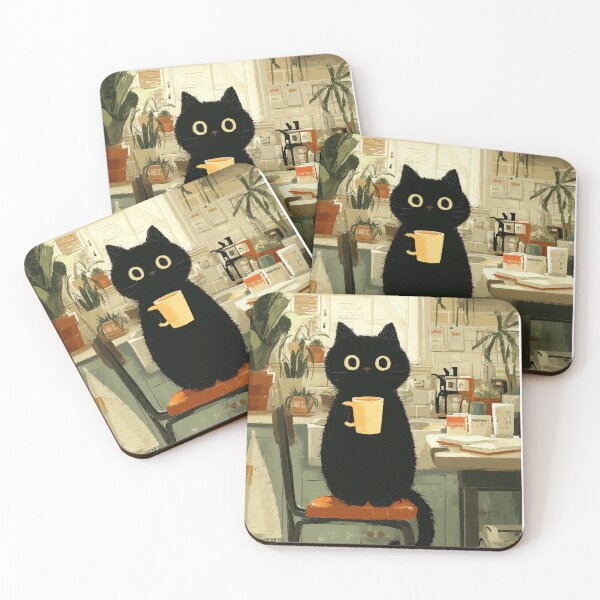 Item preview, Black Cat Holding Coffee in Cozy Kitchen designed and sold by Erika Kaisersot.