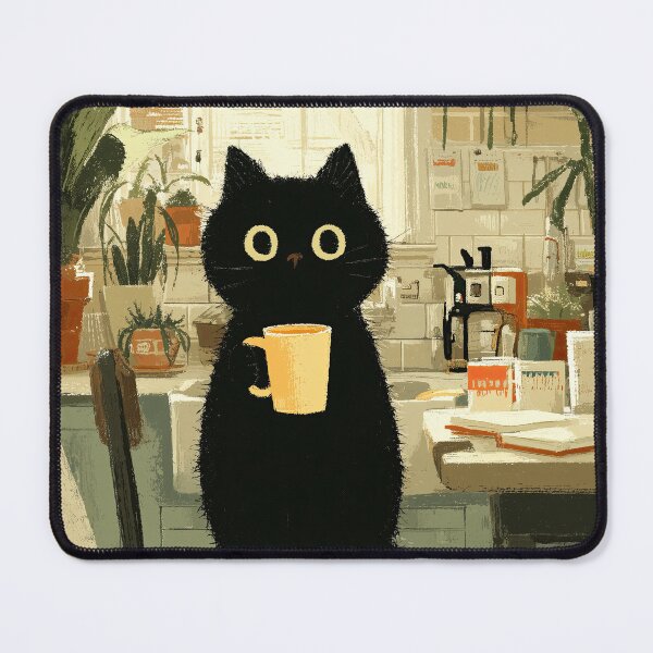 Item preview, Black Cat Holding Coffee in Cozy Kitchen designed and sold by Erika Kaisersot.