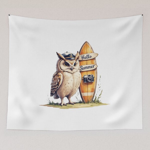 Item preview, Cute Owl Hello Summer Surfboard Beach Watercolor designed and sold by AQUILAKREO.