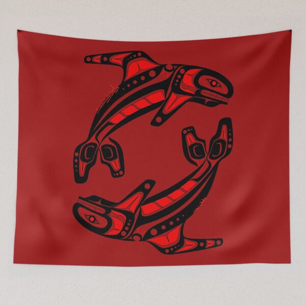 Item preview, red dual killer whale orca design by tribal artist Speakthunder  designed and sold by SpeakthunderArt.