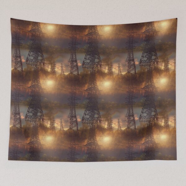 Item preview, Golden Hour Industrial Power Pylons Atmospheric Landscape designed and sold by pinkal.