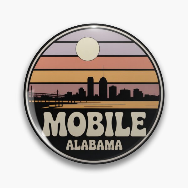 Item preview, Mobile Alabama: Vibrant Retro Skyline Badge designed and sold by CircinusStore.