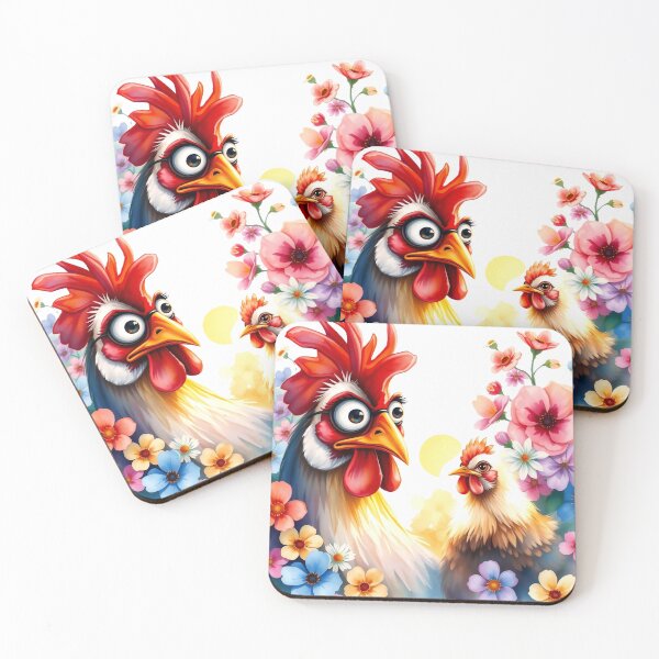 Item preview, Funny Rooster in Glasses and Hen with Spring Flowers designed and sold by Serene Strokes Art.
