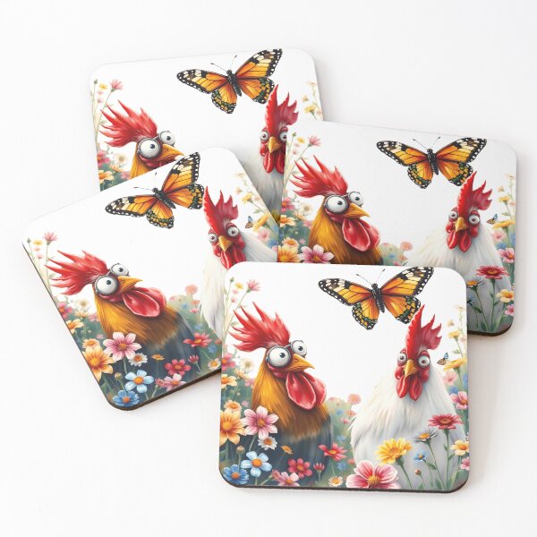 Item preview, Funny Roosters with Monarch Butterfly in Flower Field designed and sold by Serene Strokes Art.