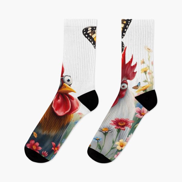 Item preview, Funny Roosters with Monarch Butterfly in Flower Field designed and sold by Serene Strokes Art.