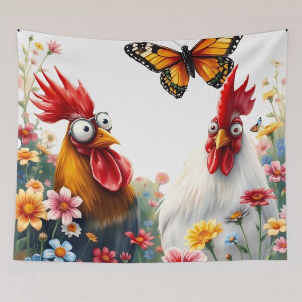 Item preview, Funny Roosters with Monarch Butterfly in Flower Field designed and sold by Serene Strokes Art.