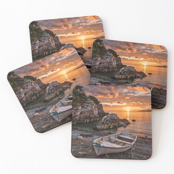 Item preview, Rowboat on Rocky Shore at Sunset – Peaceful Coastal Landscape Art designed and sold by BeautifulVirtues.