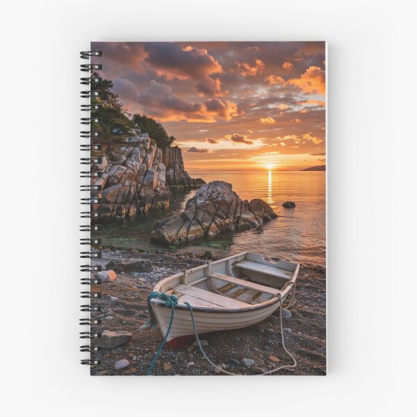 Item preview, Rowboat on Rocky Shore at Sunset – Peaceful Coastal Landscape Art designed and sold by BeautifulVirtues.