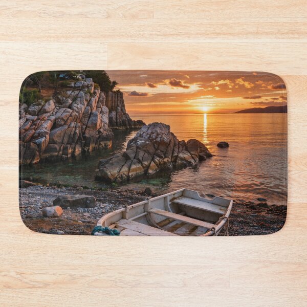 Item preview, Rowboat on Rocky Shore at Sunset – Peaceful Coastal Landscape Art designed and sold by BeautifulVirtues.