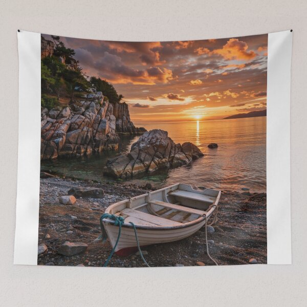 Item preview, Rowboat on Rocky Shore at Sunset – Peaceful Coastal Landscape Art designed and sold by BeautifulVirtues.