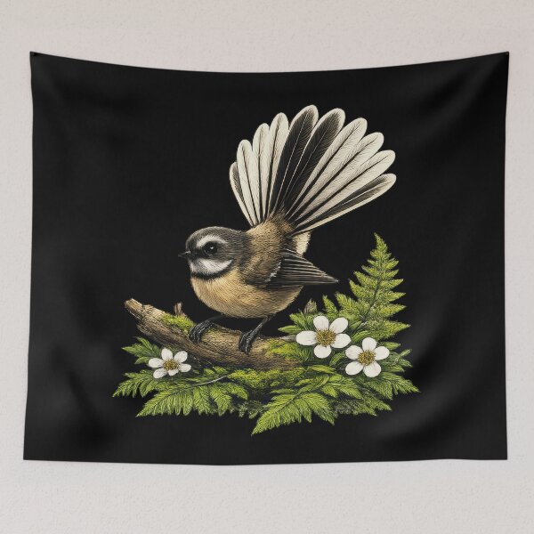 Item preview, New Zealand Piwakawaka Fantail Bird and Native Ferns designed and sold by kornkobart.