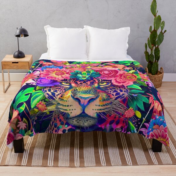 Item preview, Colorful jaguar illustration surrounded by floral wreath on dark background. designed and sold by InkoraHub.