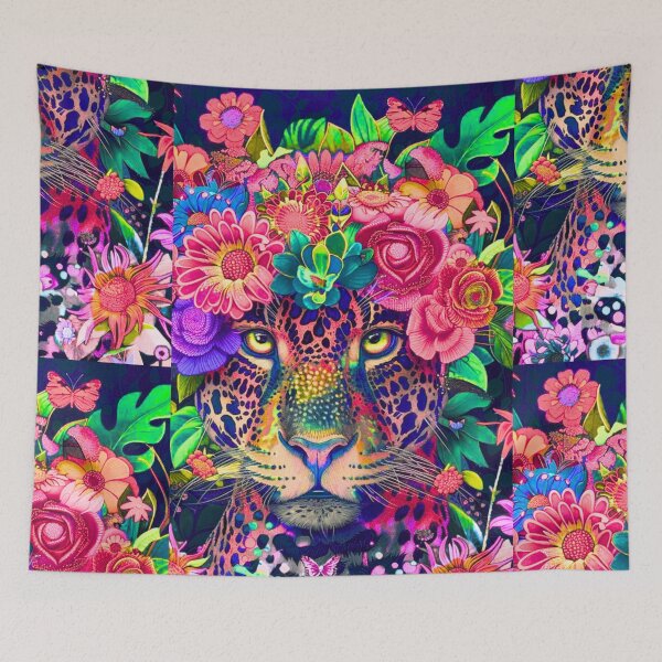 Item preview, Colorful jaguar illustration surrounded by floral wreath on dark background. designed and sold by InkoraHub.