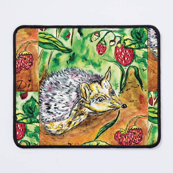 Item preview, Cute hedgehog among fresh wild strawberries - watercolor illustration designed and sold by Dilyana Rumenova - Shantabella.