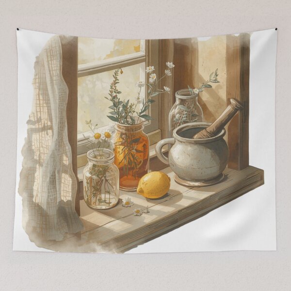 Item preview, Sunlit Herb Window — Botanical Wellness Still Life Art designed and sold by VintageTips.