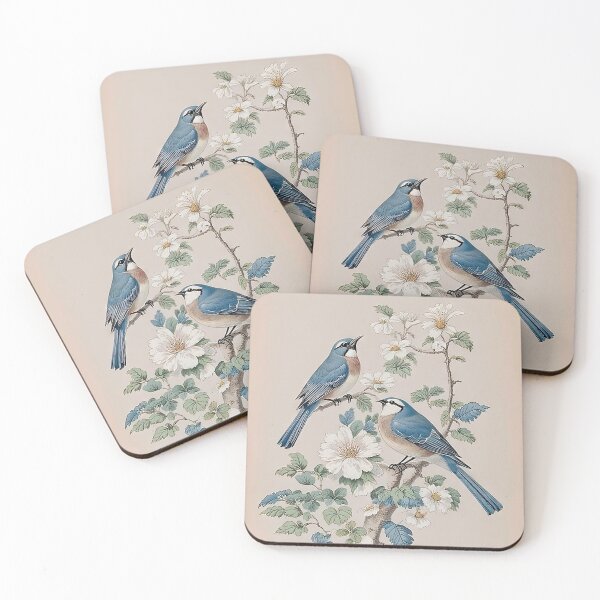 Item preview, Two Blue and White Kingbirds on a Branch Vintage Botanical Watercolor designed and sold by LanaGustavsson.