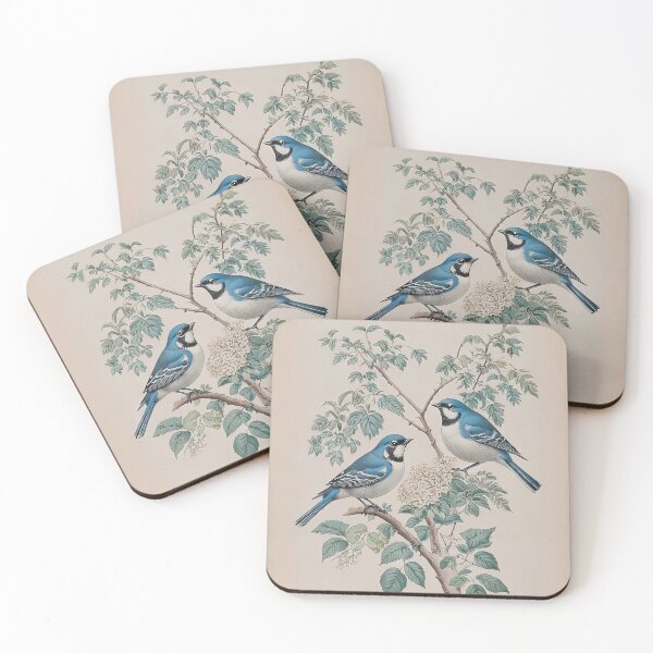 Item preview, Cottagecore Blue and White Kingbirds on a Branch Vintage Botanical Watercolor designed and sold by LanaGustavsson.