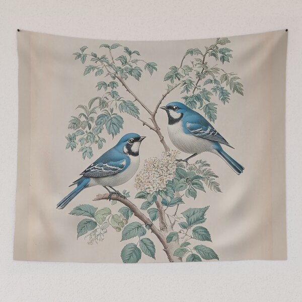Item preview, Cottagecore Blue and White Kingbirds on a Branch Vintage Botanical Watercolor designed and sold by LanaGustavsson.