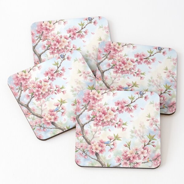 Item preview, Watercolor Cherry Blossom Branch with Colorful Songbirds designed and sold by VibranPalette.
