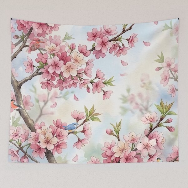 Item preview, Watercolor Cherry Blossom Branch with Colorful Songbirds designed and sold by VibranPalette.