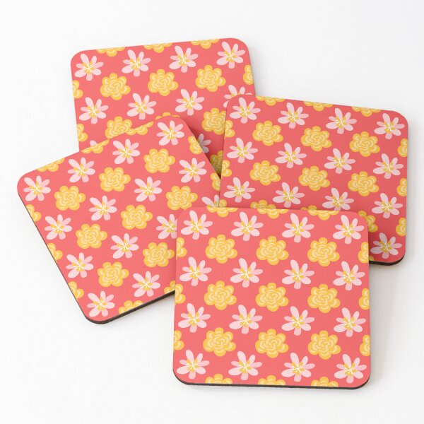 Artikelvorschau, Retro-Blumenkissen – Niedliches Frühlingsblumenmuster, gelb-rosa botanisches Design auf korallenfarbenem Hintergrund entworfen und verkauft von FestivityFinds.