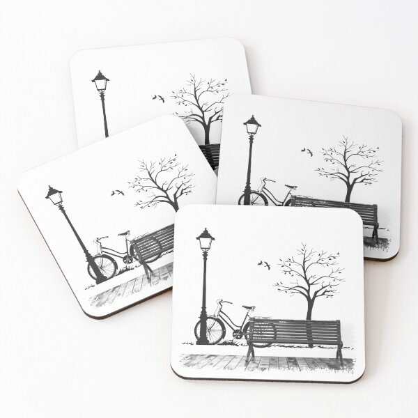 Item preview, Vintage Bicycle Park Scene – Minimalist Black and White Urban Art designed and sold by inkoutninja.