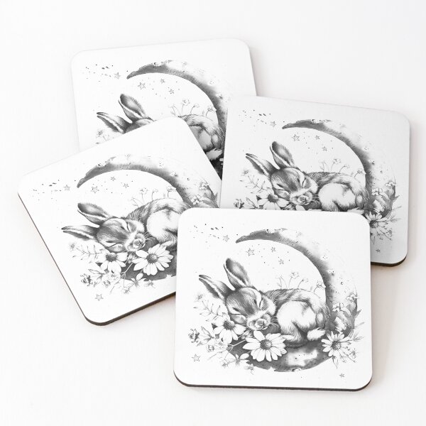 Item preview, Sleeping Bunny on Crescent Moon – Whimsical Floral Black and White Art designed and sold by inkoutninja.