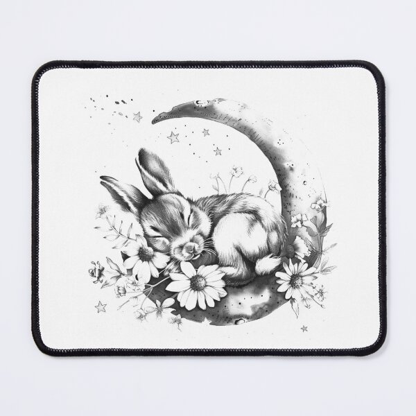 Item preview, Sleeping Bunny on Crescent Moon – Whimsical Floral Black and White Art designed and sold by inkoutninja.