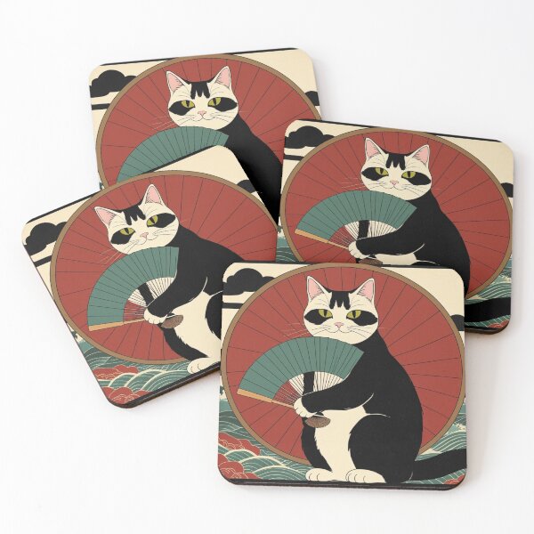 Item preview, Classic Japanese Cat with Fan – Traditional Wave Pattern Art designed and sold by LEO'S CREATURE　れおずくりーちゃー.