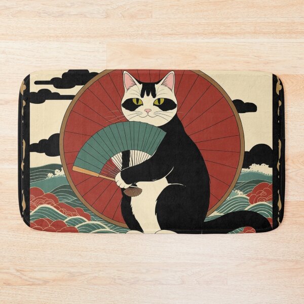 Item preview, Classic Japanese Cat with Fan – Traditional Wave Pattern Art designed and sold by LEO'S CREATURE　れおずくりーちゃー.