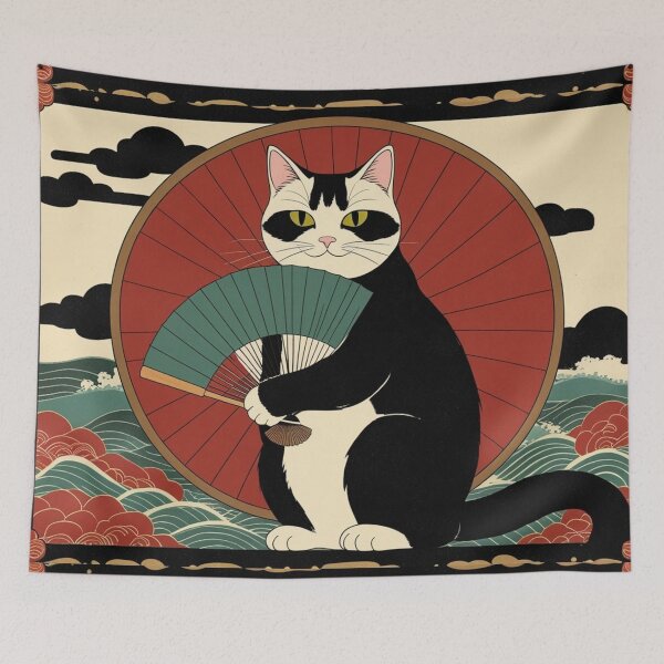 Item preview, Classic Japanese Cat with Fan – Traditional Wave Pattern Art designed and sold by LEO'S CREATURE　れおずくりーちゃー.