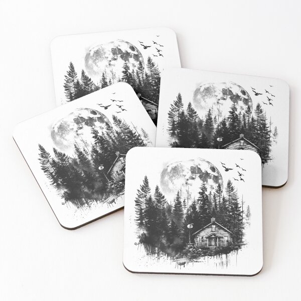 Item preview, Moonlit Forest Cabin – Dark Woodland Black and White Landscape Art designed and sold by inkoutninja.
