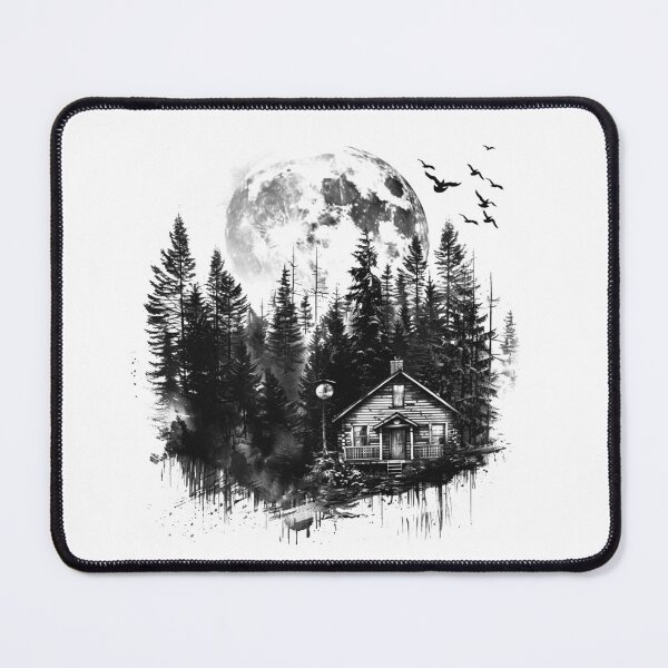 Item preview, Moonlit Forest Cabin – Dark Woodland Black and White Landscape Art designed and sold by inkoutninja.