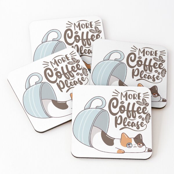 Artikelvorschau, Illustration einer niedlichen Katze mit Kaffeetasse und handgeschriebenem Schriftzug „Mehr Kaffee bitte“. entworfen und verkauft von GulDesigns.