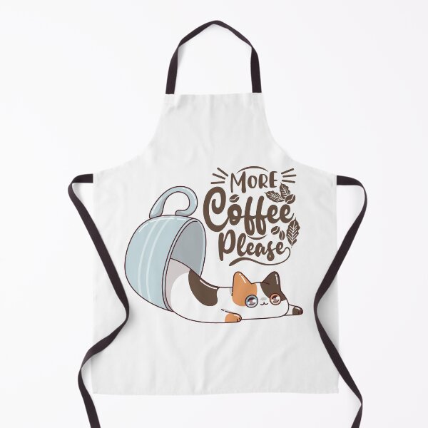 Artikelvorschau, Illustration einer niedlichen Katze mit Kaffeetasse und handgeschriebenem Schriftzug „Mehr Kaffee bitte“. entworfen und verkauft von GulDesigns.