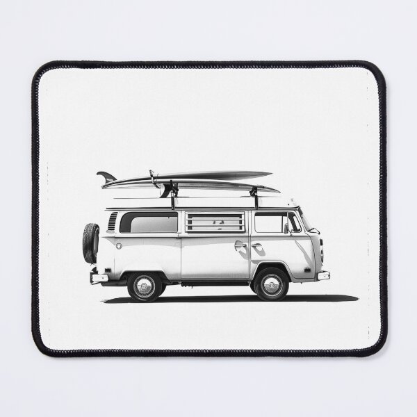 Item preview, Retro Camper Van with Surfboard – Beach Travel Black and White Art designed and sold by inkoutninja.