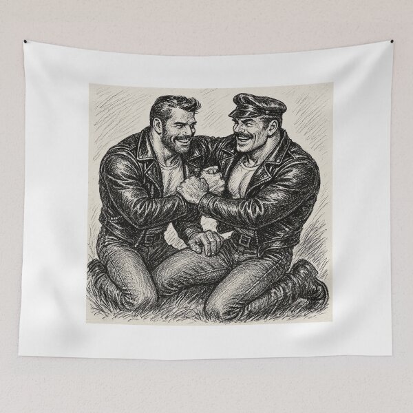 Item preview, Gay Leather Daddies Wrestle Me To The Ground Charcoal Sketch Art Design designed and sold by ItsAKinkThing.