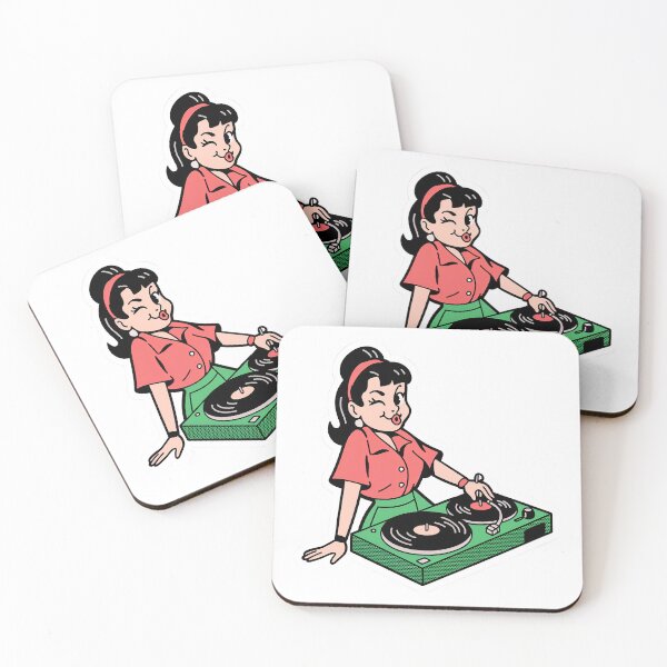 Item preview, A cartoon woman DJing on a green turntable on transparent background designed and sold by Creative88Art.
