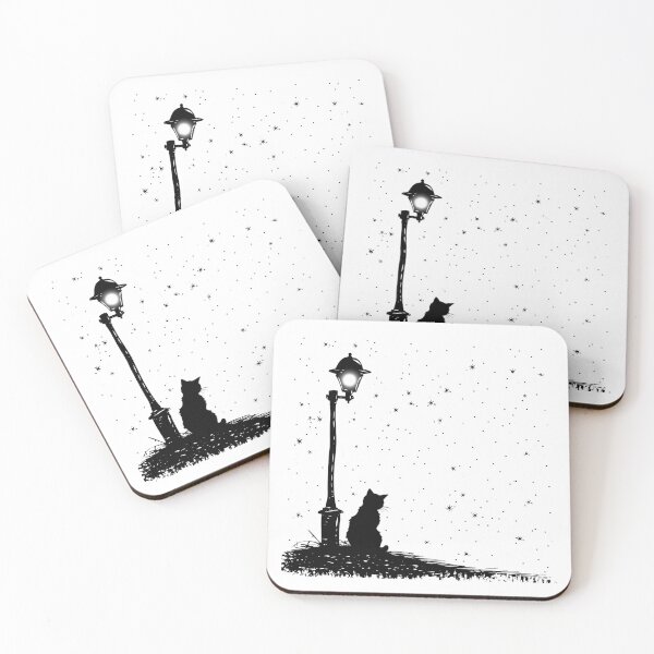Item preview, Cat Under Street Lamp – Night Sky Black and White Silhouette Art designed and sold by inkoutninja.