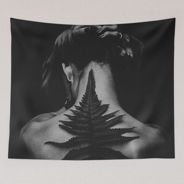 Item preview, Woman With Fern Tattoo On Upper Back Black And White Portrait Evoking Nature And Solitude designed and sold by GulDesigns.