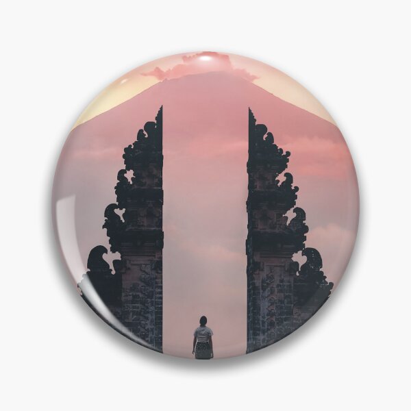 Item preview, Traveler at Bali Temple Split Gate Framed by Mount Agung Volcano at Pink Sunrise Over Clouds designed and sold by GulDesigns.
