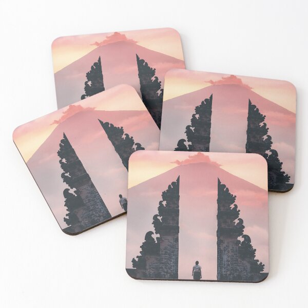 Item preview, Traveler at Bali Temple Split Gate Framed by Mount Agung Volcano at Pink Sunrise Over Clouds designed and sold by GulDesigns.