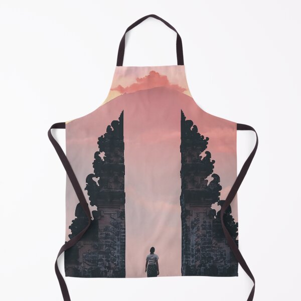 Item preview, Traveler at Bali Temple Split Gate Framed by Mount Agung Volcano at Pink Sunrise Over Clouds designed and sold by GulDesigns.