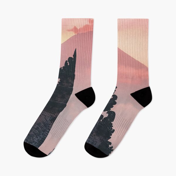 Item preview, Traveler at Bali Temple Split Gate Framed by Mount Agung Volcano at Pink Sunrise Over Clouds designed and sold by GulDesigns.