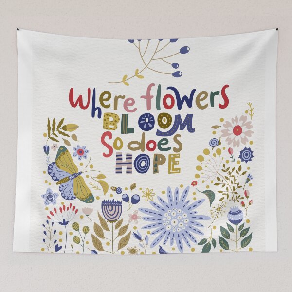 Item preview, Where Flowers Bloom So Does Hope Hand-Lettered Floral Quote with Butterfly and Garden Illustration designed and sold by GulDesigns.
