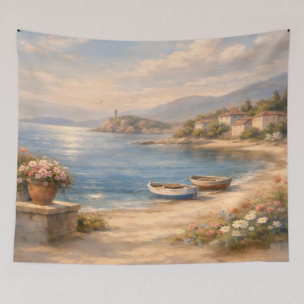 Item preview, Mediterranean Coastal Serenity - Oil Painting Style designed and sold by Art-Inspir-AI.